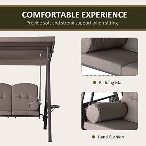 Brown 3-Seat Patio Swing Chair with Adjustable Canopy, Removable Cushion, Pillows and Side Trays T14821