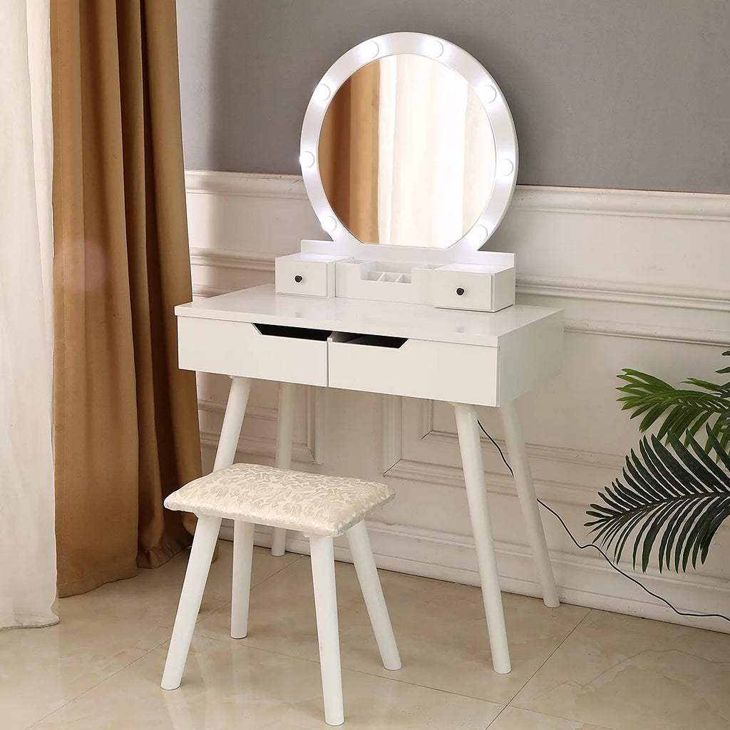 White Wooden Dressing Table with Lighted Mirror and Cushioned Stool M233