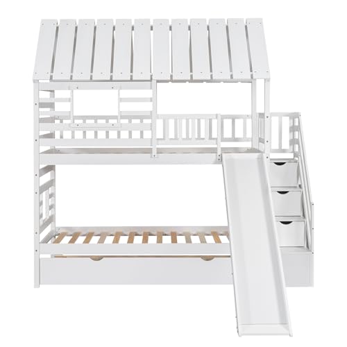 White Twin Over Twin Wood Bunk Bed with Slide and Trundle J774