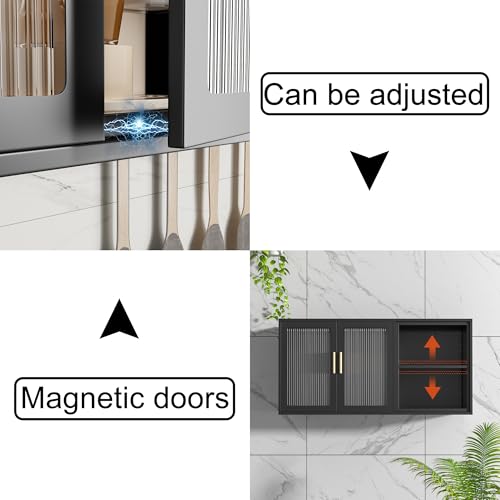 Black Over Toilet Wall Mounted Metal Cabinet with Two Glass Doors and Shelves F50821