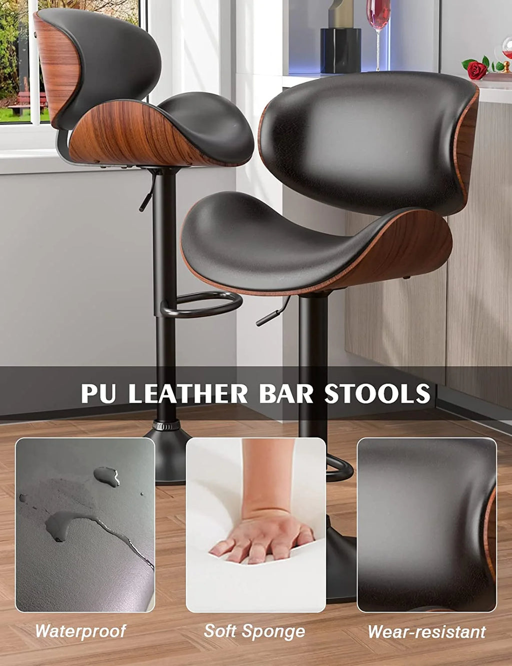 Swivel Bar Stools Set of 2, Adjustable PU Leather with Back and Footrest X625