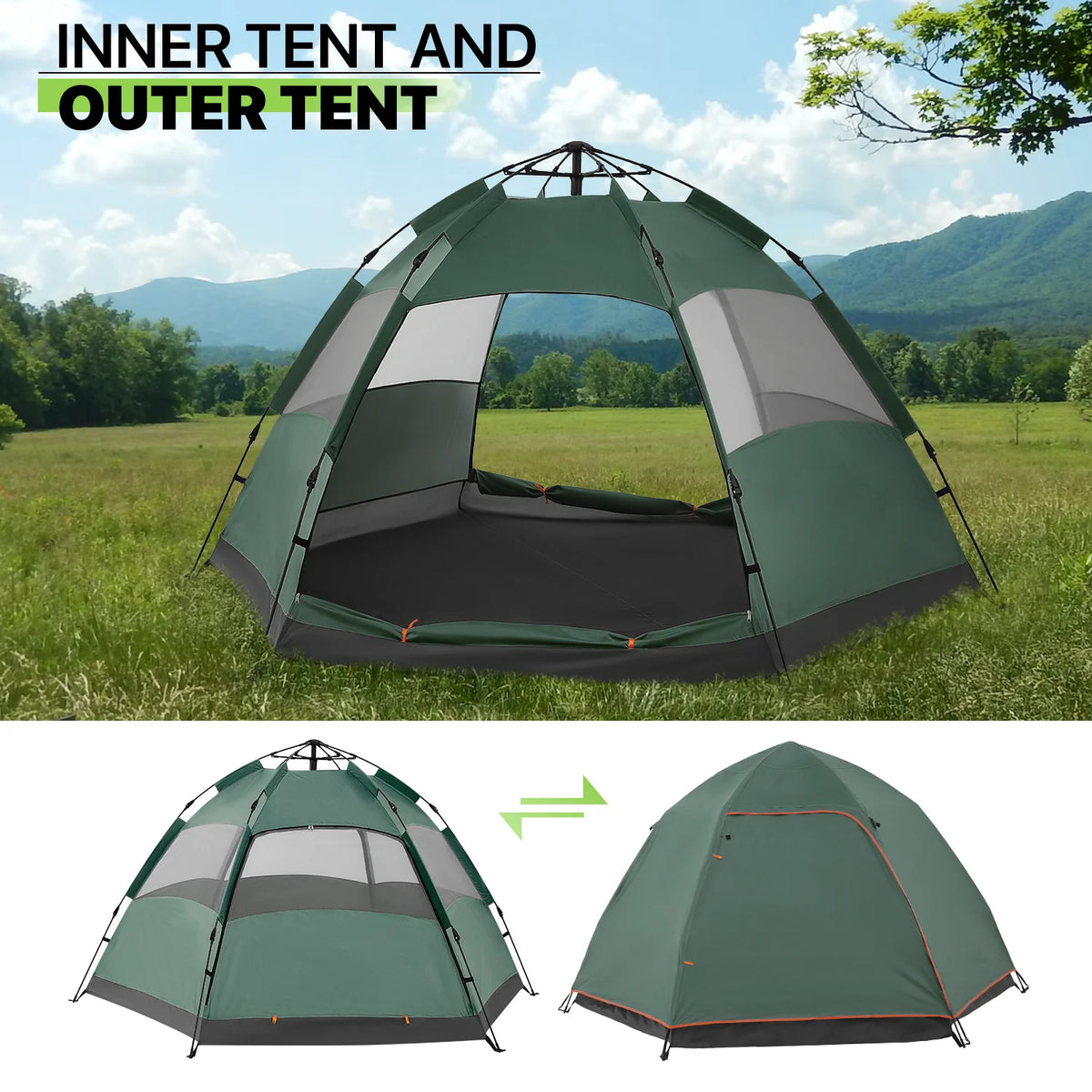 Large 4 Person Double Layer Camping Tent with Carry Bag, Green O715