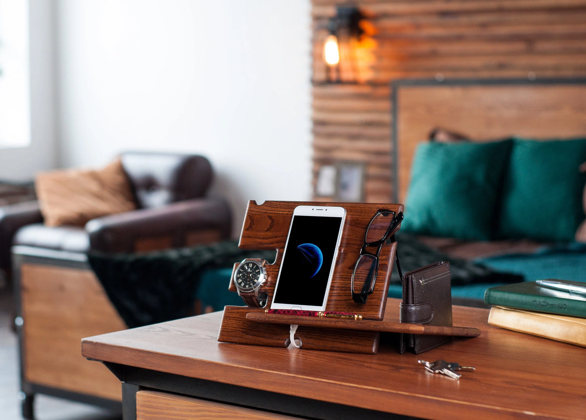 Wood Phone Docking Station Key Holder Wallet Stand Watch Organizer R3614