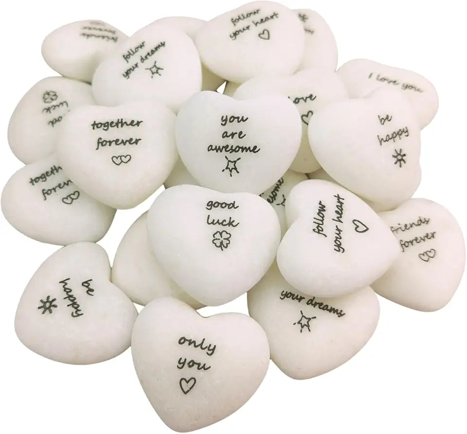 Natural White Heart Rocks with Inspirational Words E1423