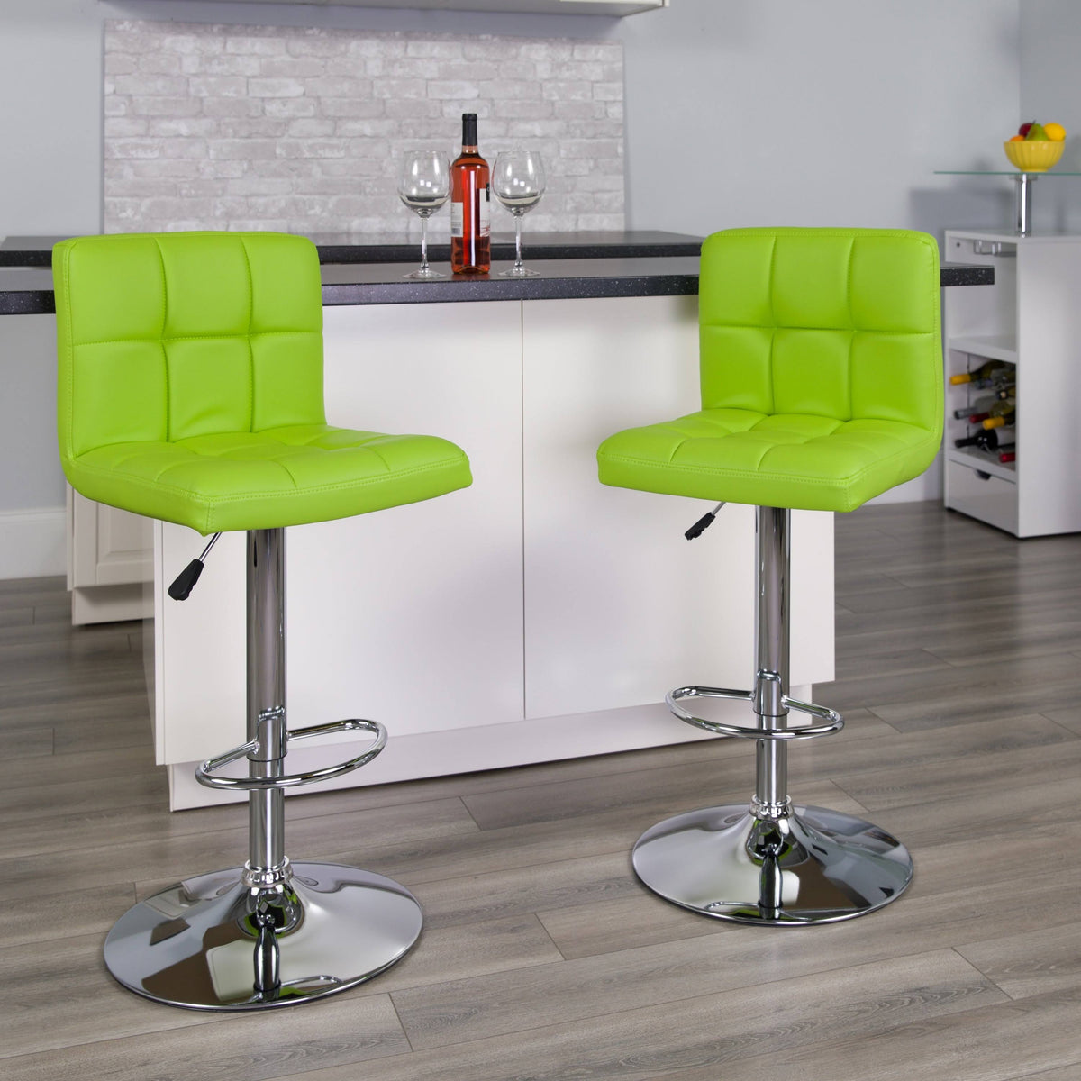 Green Quilted Vinyl Adjustable Height Barstool Set of 2 L94512