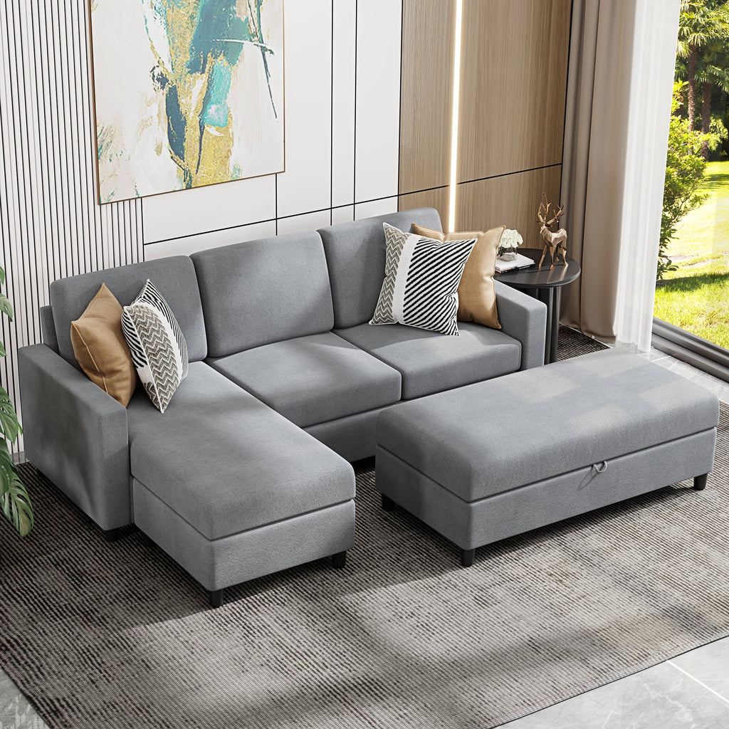 Linen Fabric Convertible L-Shaped Sectional Sofa Dark Gray U4440