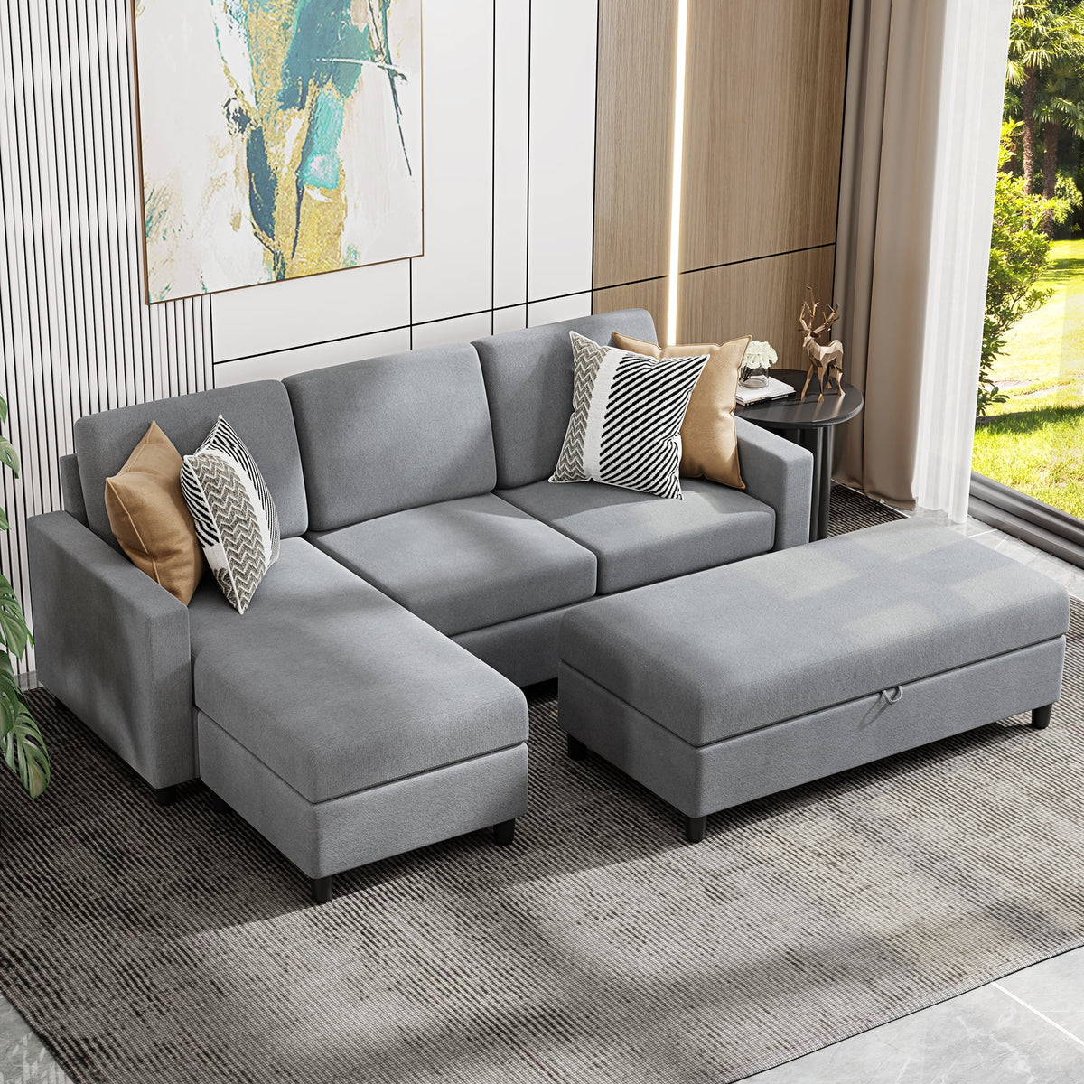 Linen Fabric Convertible L-Shaped Sectional Sofa Dark Gray U4440
