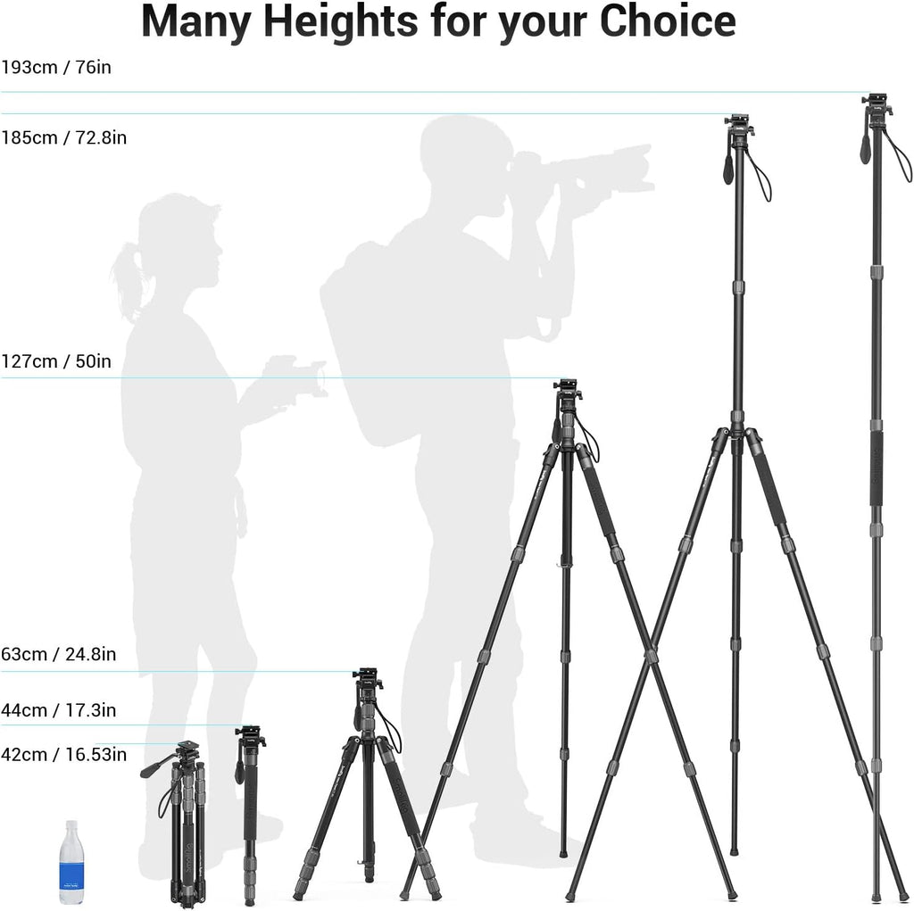 71 Video Tripod Monopod with Fluid Head, Aluminum Camera Tripod, Adjustable Height from 16.5 to 71 D1523