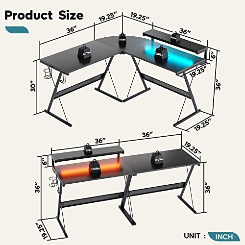 Carbon Fiber Black L Shaped Gaming Desk with LED, 55 Inch R89352