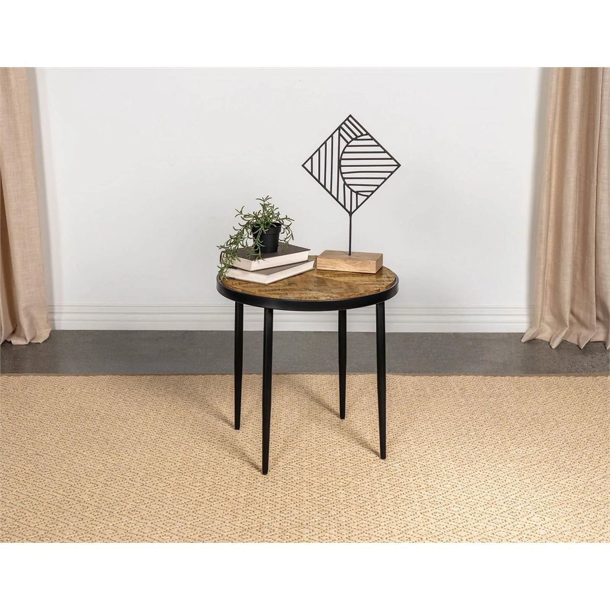 Round Metal Side Table in Natural Mango and Black R258