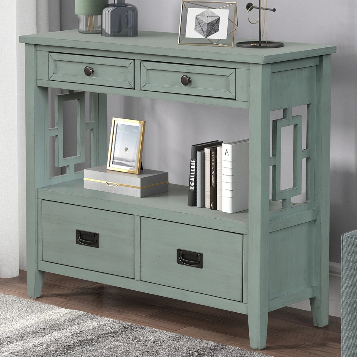 36'' Pine Wood Console Table with 4 Drawers E265572