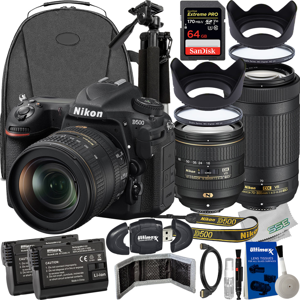 Nikon D500 DSLR Camera with 16-80mm & 70-300mm Lenses + 64GB Extreme Pro SDXC, UV Filter, 2x Spare Batteries (32pc Bundle) H3176