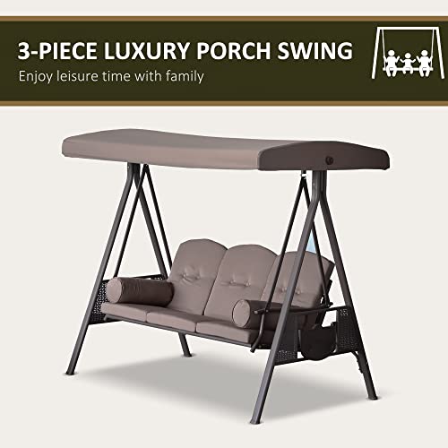 Brown 3-Seat Patio Swing Chair with Adjustable Canopy, Removable Cushion, Pillows and Side Trays T14821