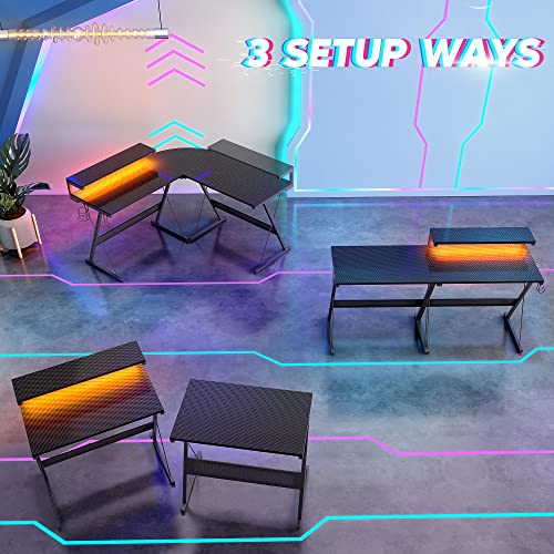 Carbon Fiber Black L Shaped Gaming Desk with LED, 55 Inch R89352