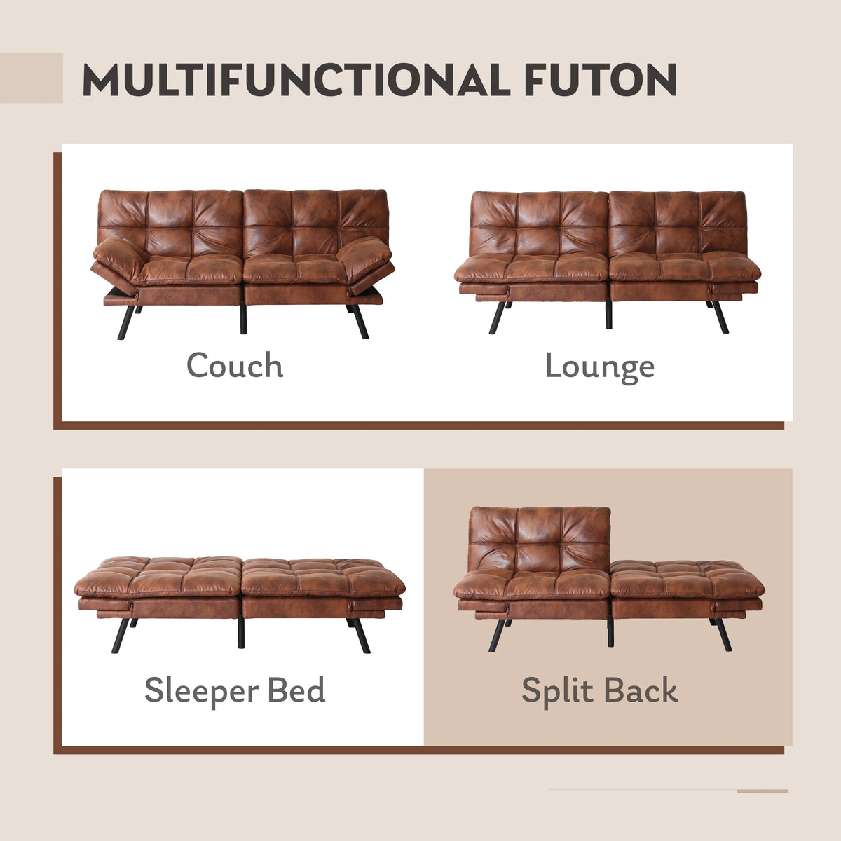 Brown Convertible Memory Foam Futon Sofa Bed Q3905