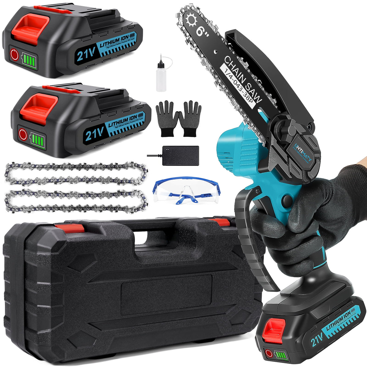 Mini Cordless Chainsaw, 6-Inch Battery Powered with 2 Batteries 2 Chains X92112