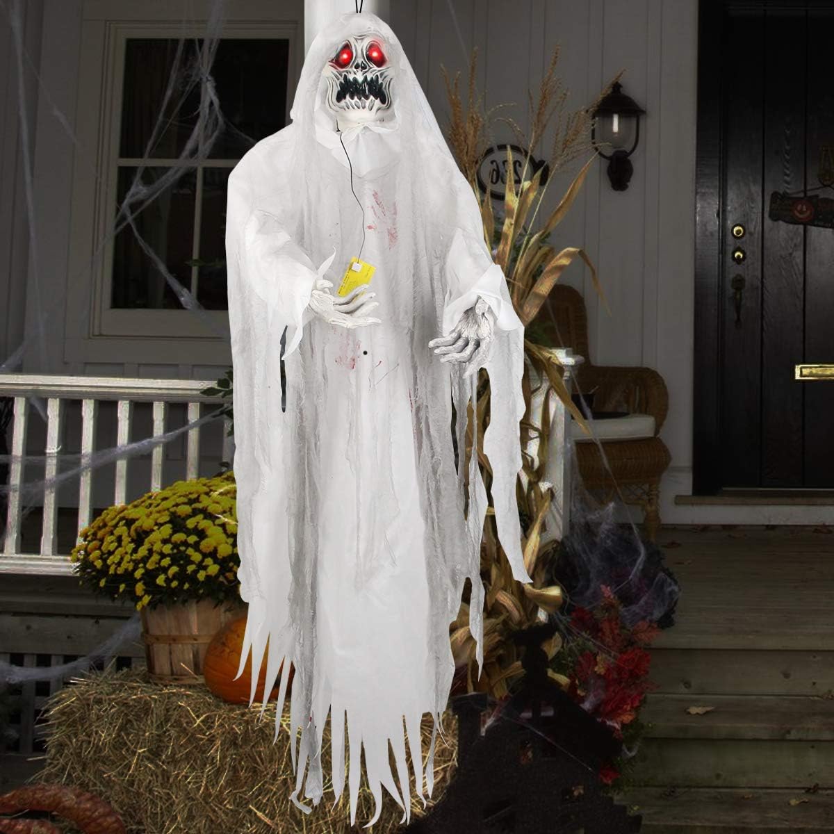Halloween Hanging Ghost Prop, 5.5 Ft, LED Glowing Eyes, Detachable Bendable Arms, Pack of 2 L308344