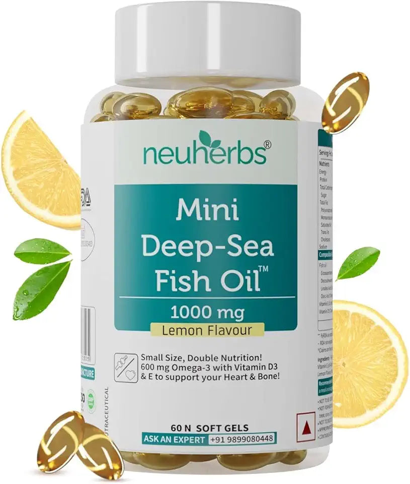 Fish Oil 1000 mg with Lemon Flavour, 2X Omega 3, 360mg EPA & 240mg DHA with Vitamin D3 & E, 60 Softgels B2316