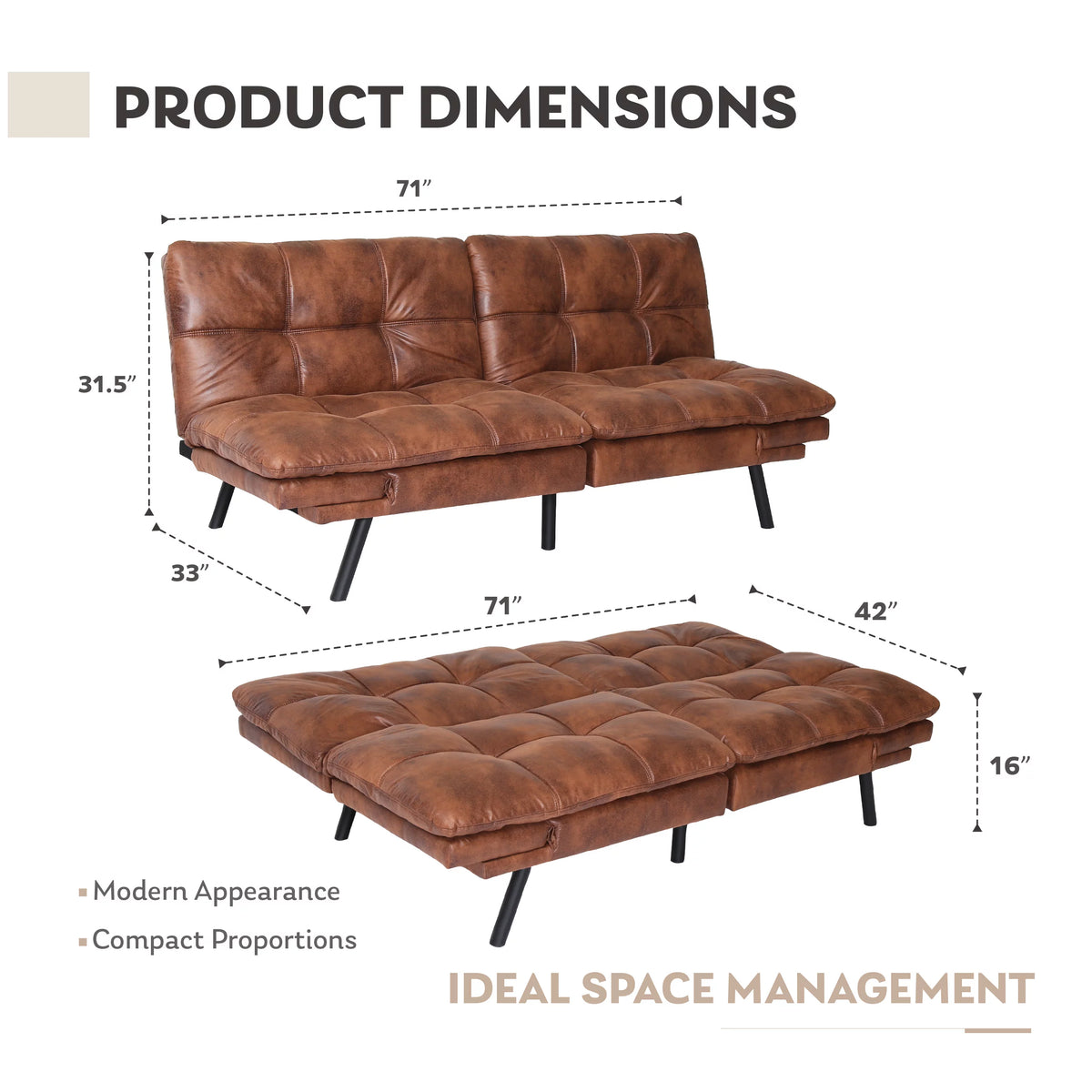Brown Convertible Memory Foam Futon Sofa Bed Q3905