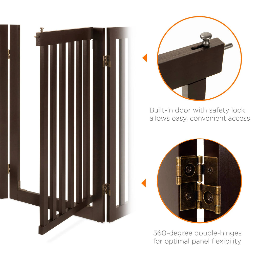 Espresso 4-Panel Freestanding Wooden Pet Gate with Walk Through Door X644