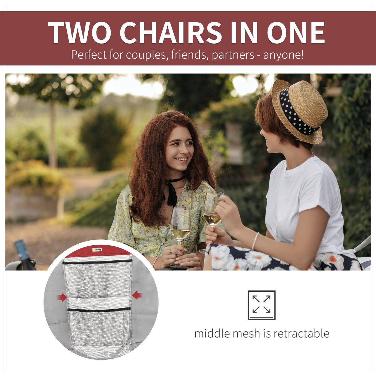 Double Seat Folding Camping Chair with Storage Pocket & Cup Holder H293408