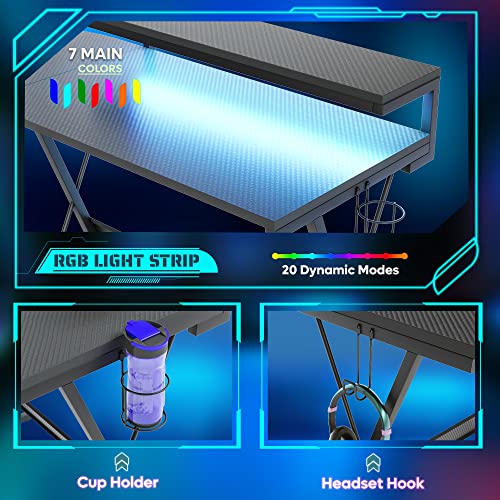 Carbon Fiber Black L Shaped Gaming Desk with LED, 55 Inch R89352