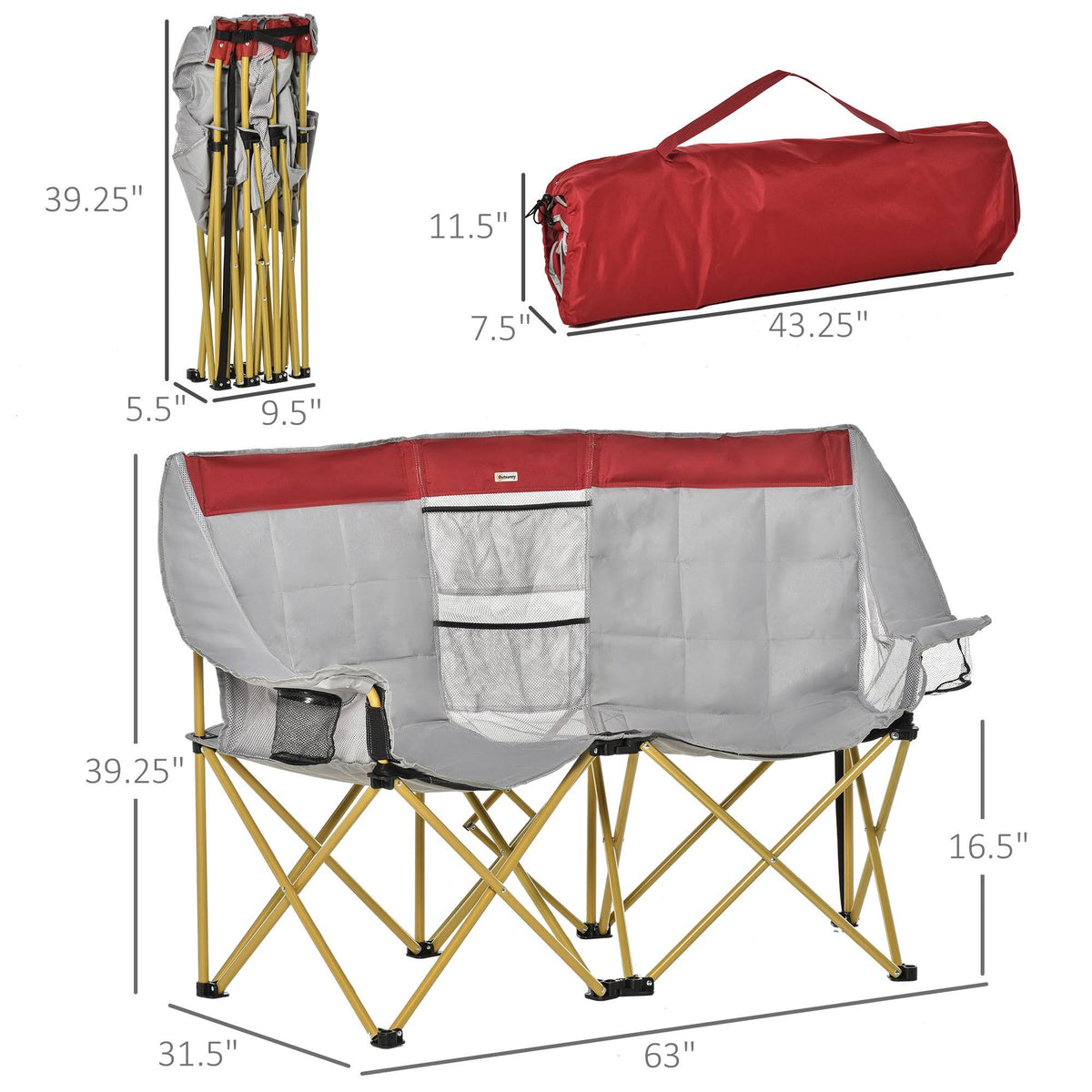 Double Seat Folding Camping Chair with Storage Pocket & Cup Holder H293408