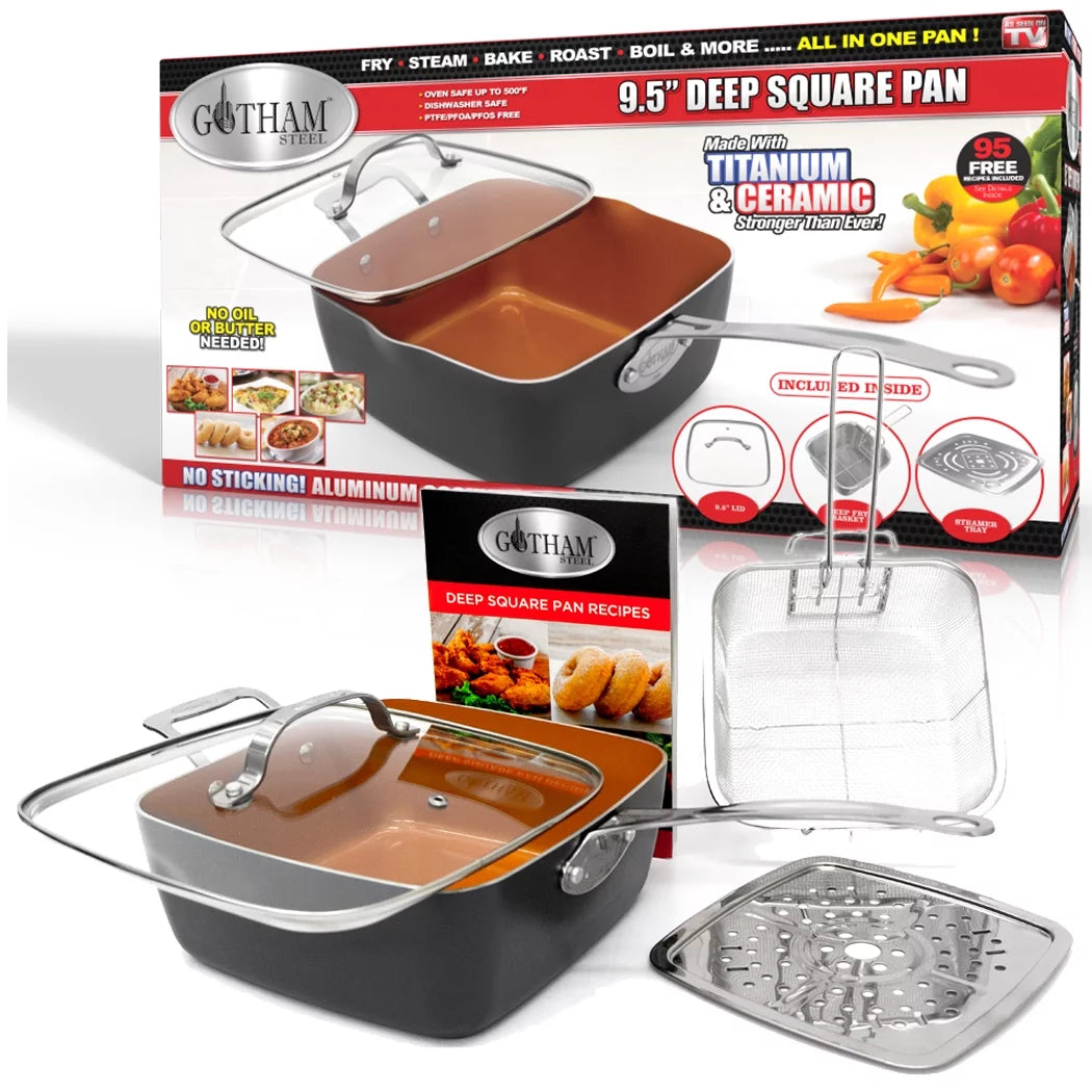 6 Quart Nonstick Copper Casserole Chef’s Pan & Stock Pot 4 Piece Set with Frying Basket and Steamer Tray J548879