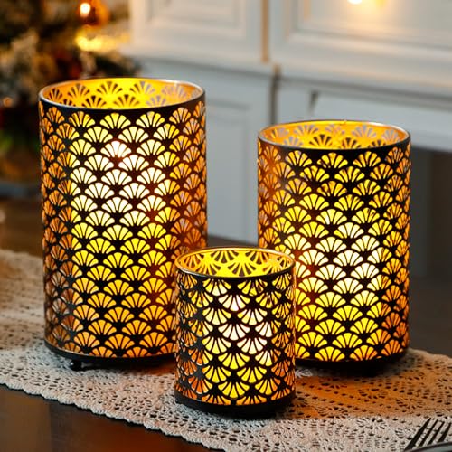 Set of 3 Metal Candle Holders Bronze Hurricane Pillar Candleholder L99366