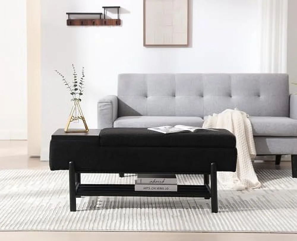Leather Ottoman Bench with Wood Shoe 45 Inches PU Black W1646
