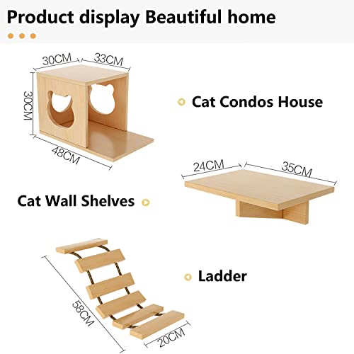 Solid Wood Wall Mounted Cat Shelves and Perches with 4 Cat Condos, 8 Shelves, 2 Ladder, 3 Sisal Cat Scratching Post I389555