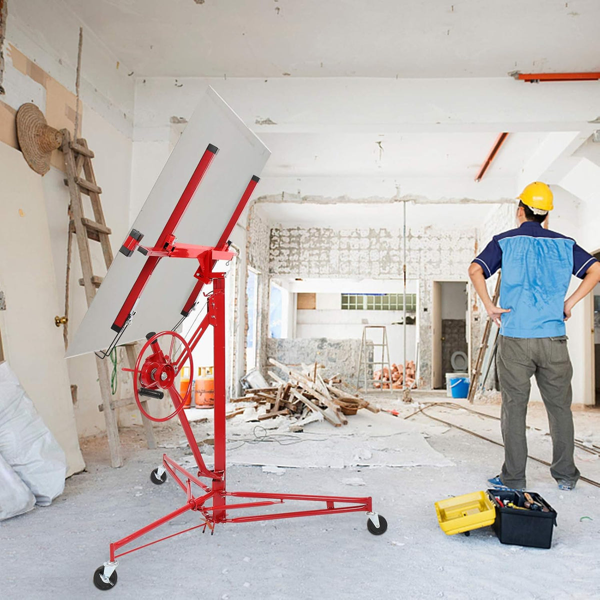 11 FT Drywall Lift Portable Panel Hoist with Adjustable Telescopic Arm Lockable Caster Wheel P1871