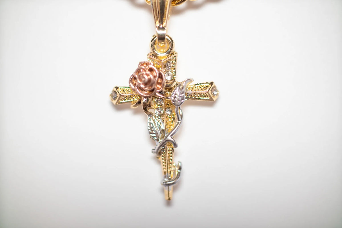 14K Bonded Gold Cuban Chain Necklace with Rose Cross Charm W490