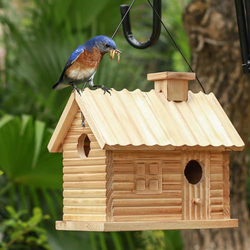 Natural Wooden Bird House 2 Hole 2 Rooms Hanging Birdhouse V958