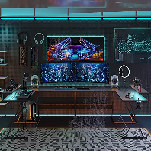 Carbon Fiber Black L Shaped Gaming Desk with LED, 55 Inch R89352
