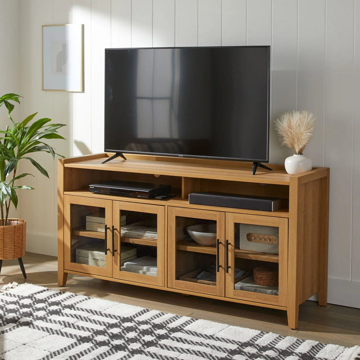 Farmhouse TV Stand for TVs up to 65, Light Honey Finish W43579
