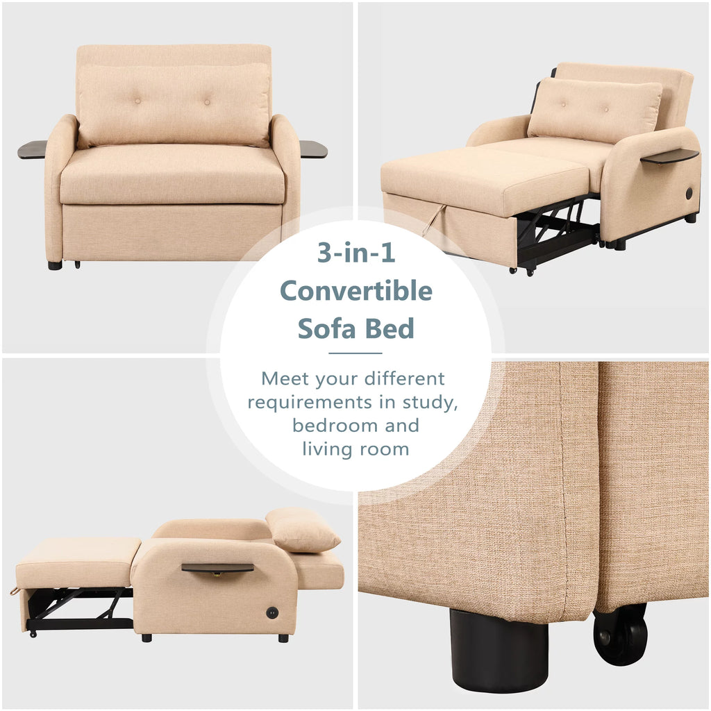 Beige 3 in 1 Pull Out Sofa Sleeper with 2 Wing Table and USB Charge E530867
