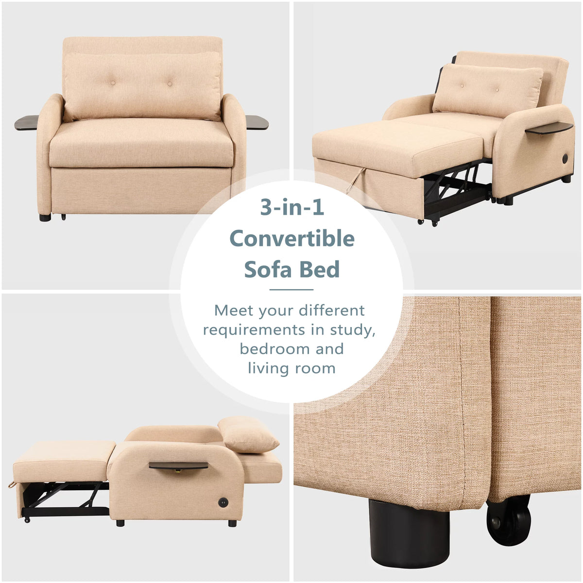 Beige 3 in 1 Pull Out Sofa Sleeper with 2 Wing Table and USB Charge E530867