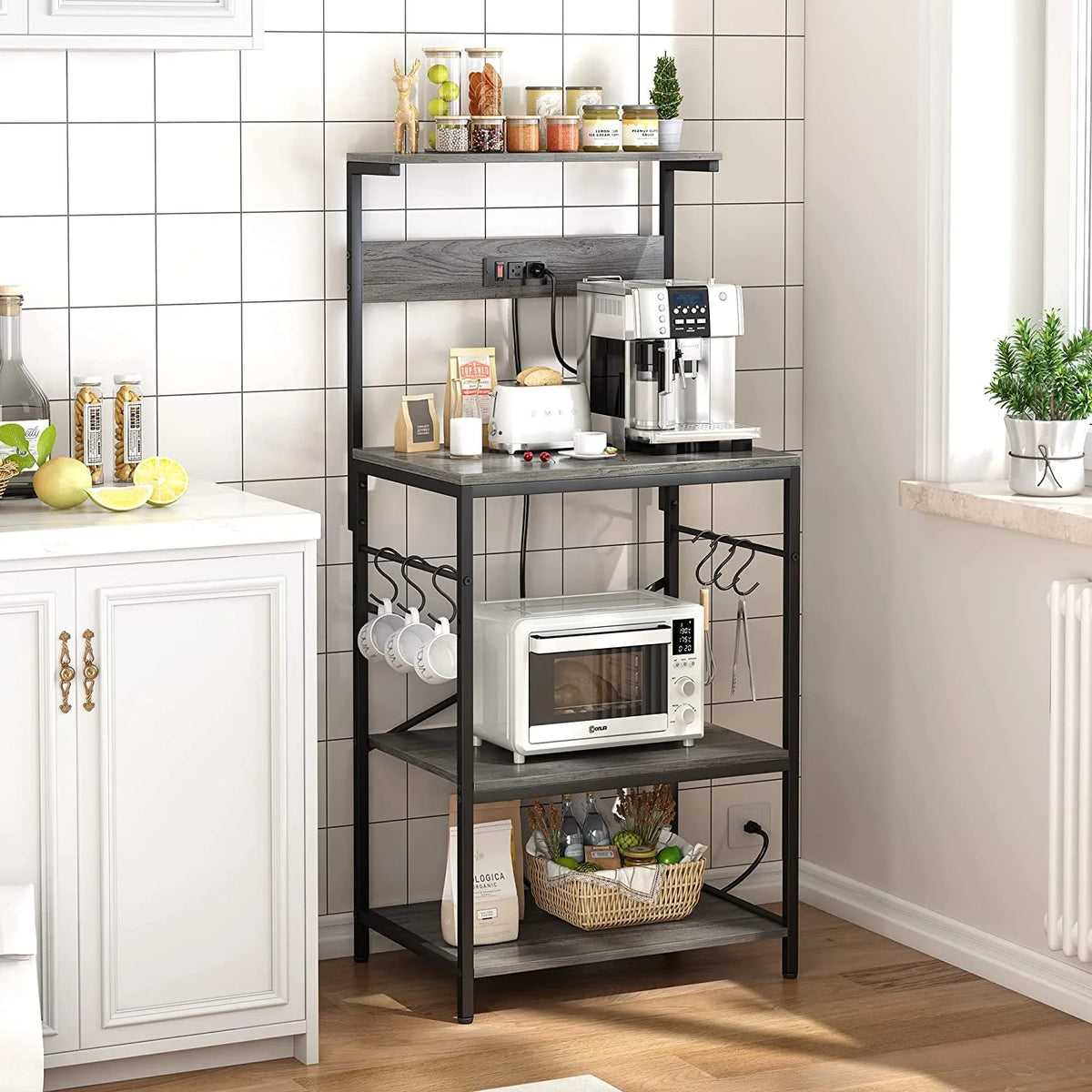 Charcoal Gray 4 Tiers Kitchen Bakers Rack with Power Outlet Y469