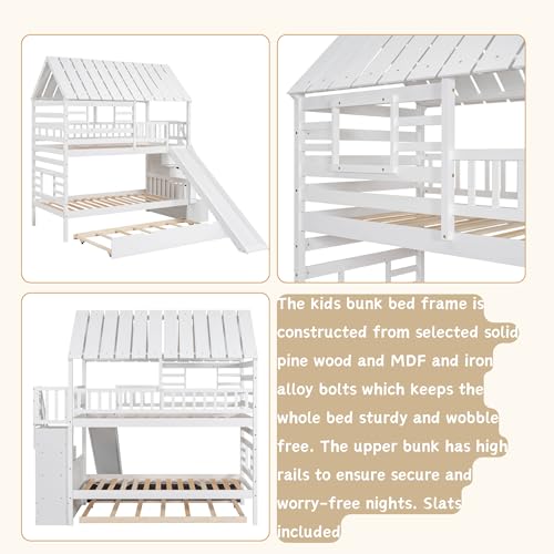 White Twin Over Twin Wood Bunk Bed with Slide and Trundle J774