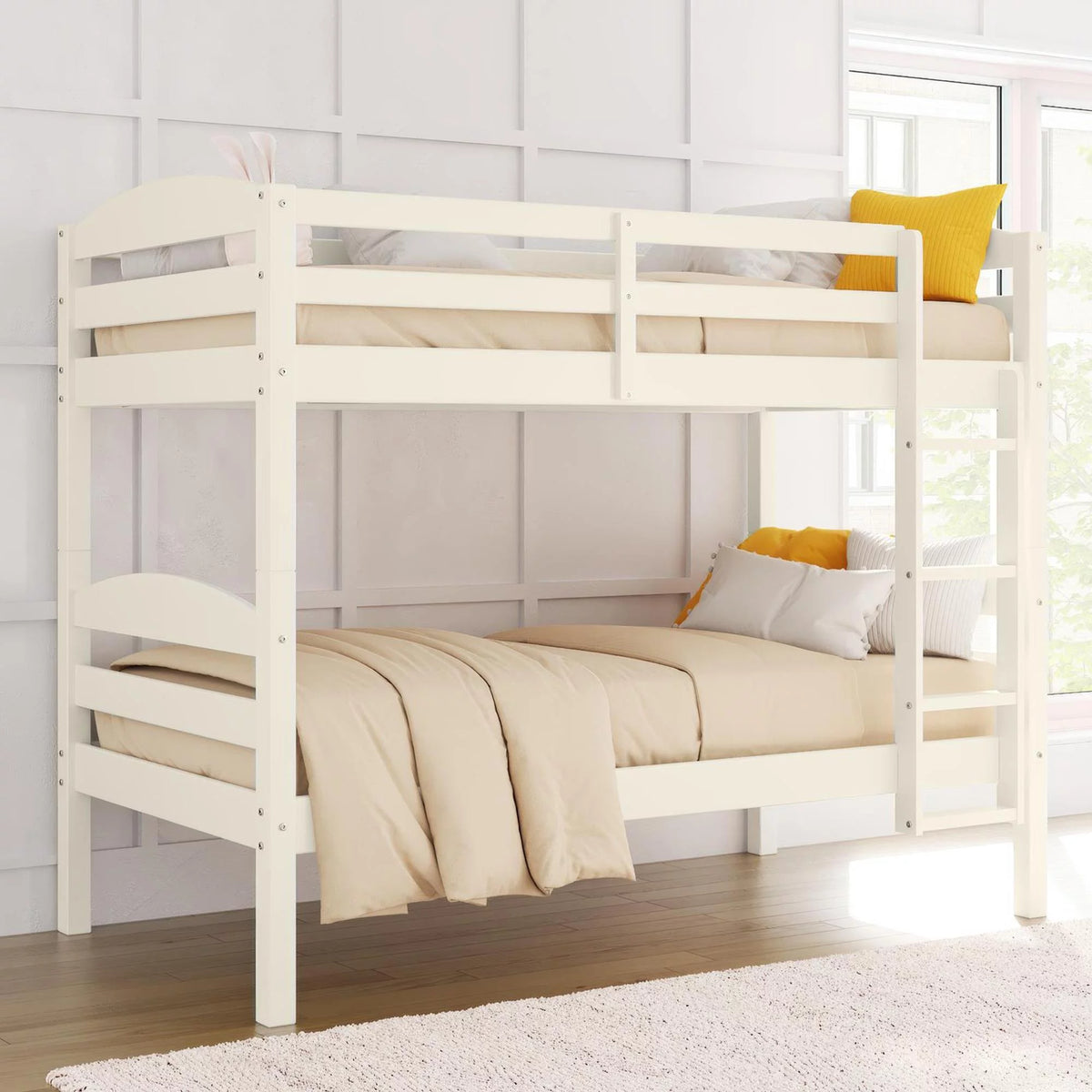 White Solid Wood Twin-over-Twin Convertible Bunk Bed P589