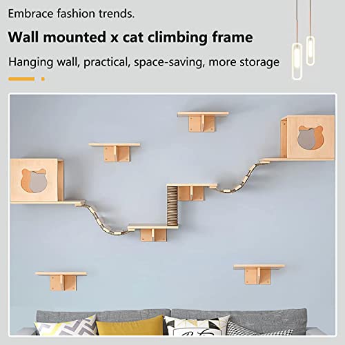 Solid Wood Wall Mounted Cat Shelves and Perches with 4 Cat Condos, 8 Shelves, 2 Ladder, 3 Sisal Cat Scratching Post I389555