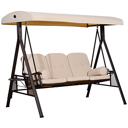 Brown 3-Seat Patio Swing Chair with Adjustable Canopy, Removable Cushion, Pillows and Side Trays T14821