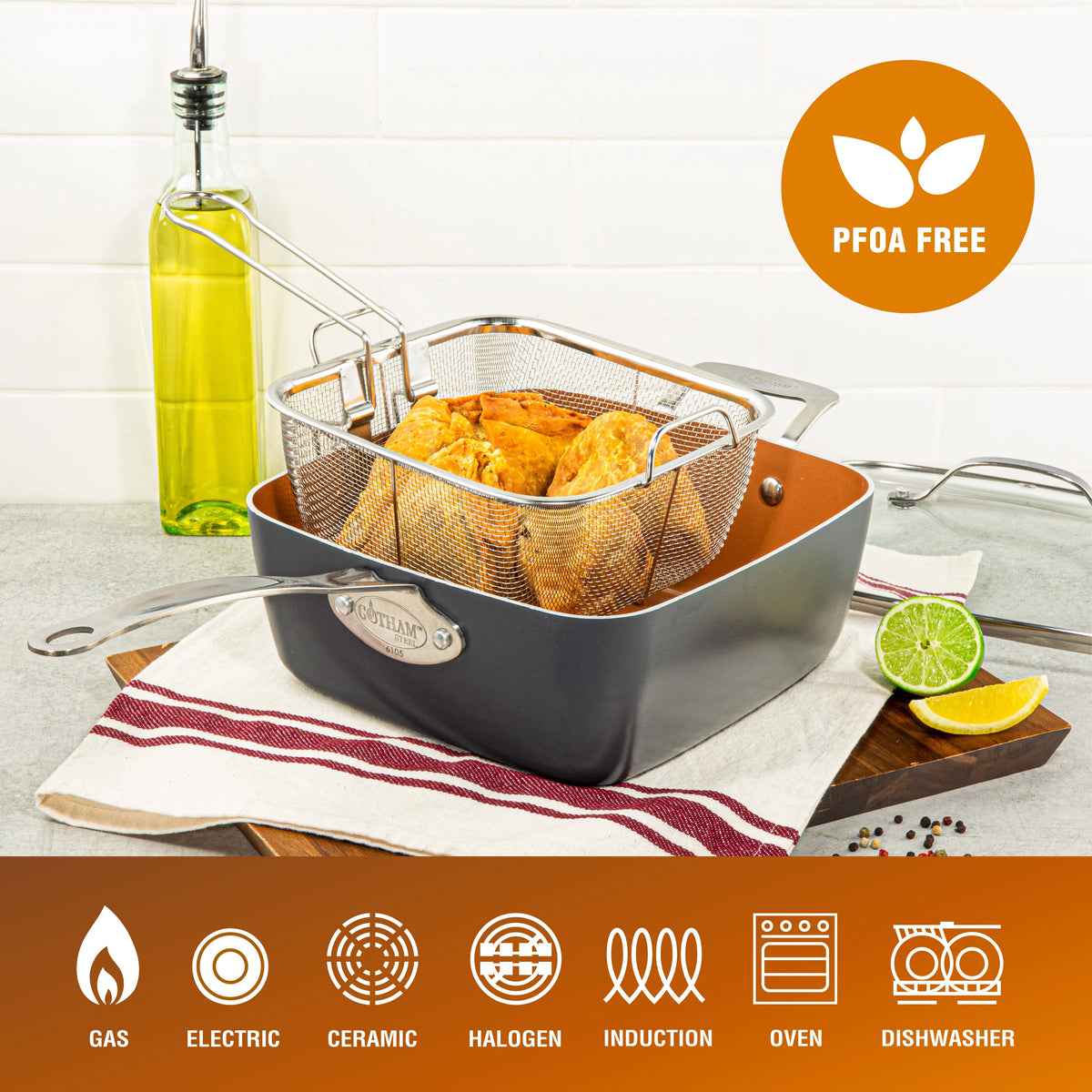 6 Quart Nonstick Copper Casserole Chef’s Pan & Stock Pot 4 Piece Set with Frying Basket and Steamer Tray J548879