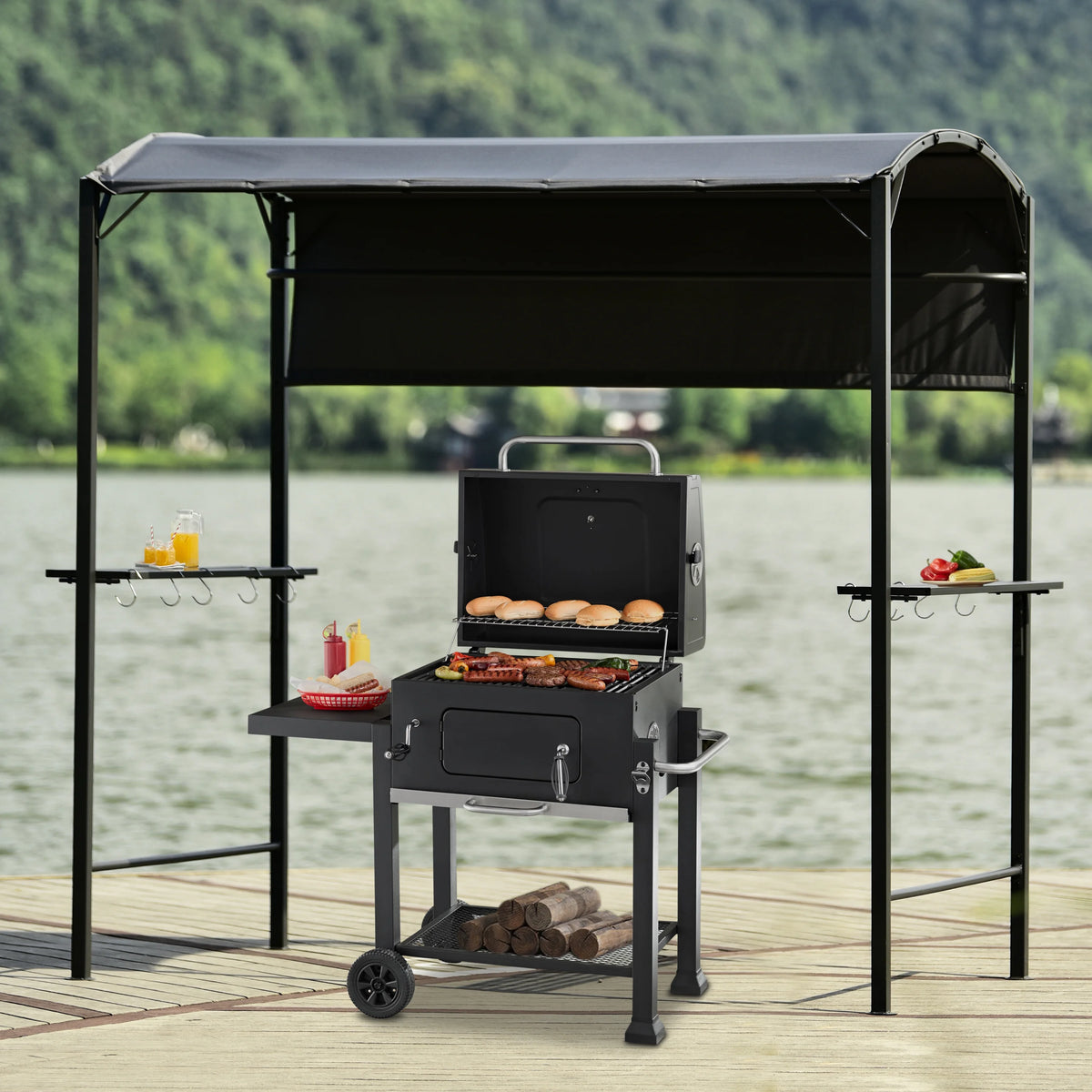 Outdoor Iron Double Tiered BBQ Grill Gazebo with Side Awning, Gray Z28360