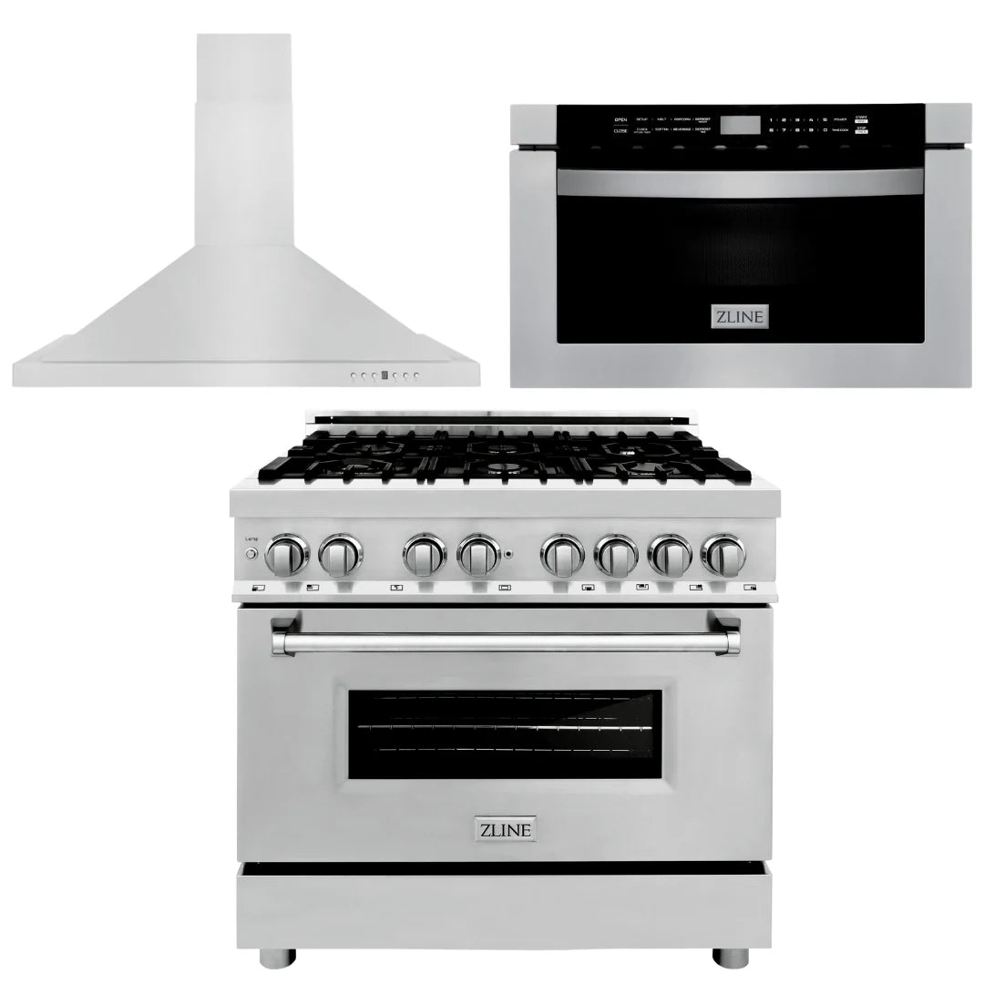 36 in. Dual Fuel Range, Range Hood, Microwave Drawer F575278