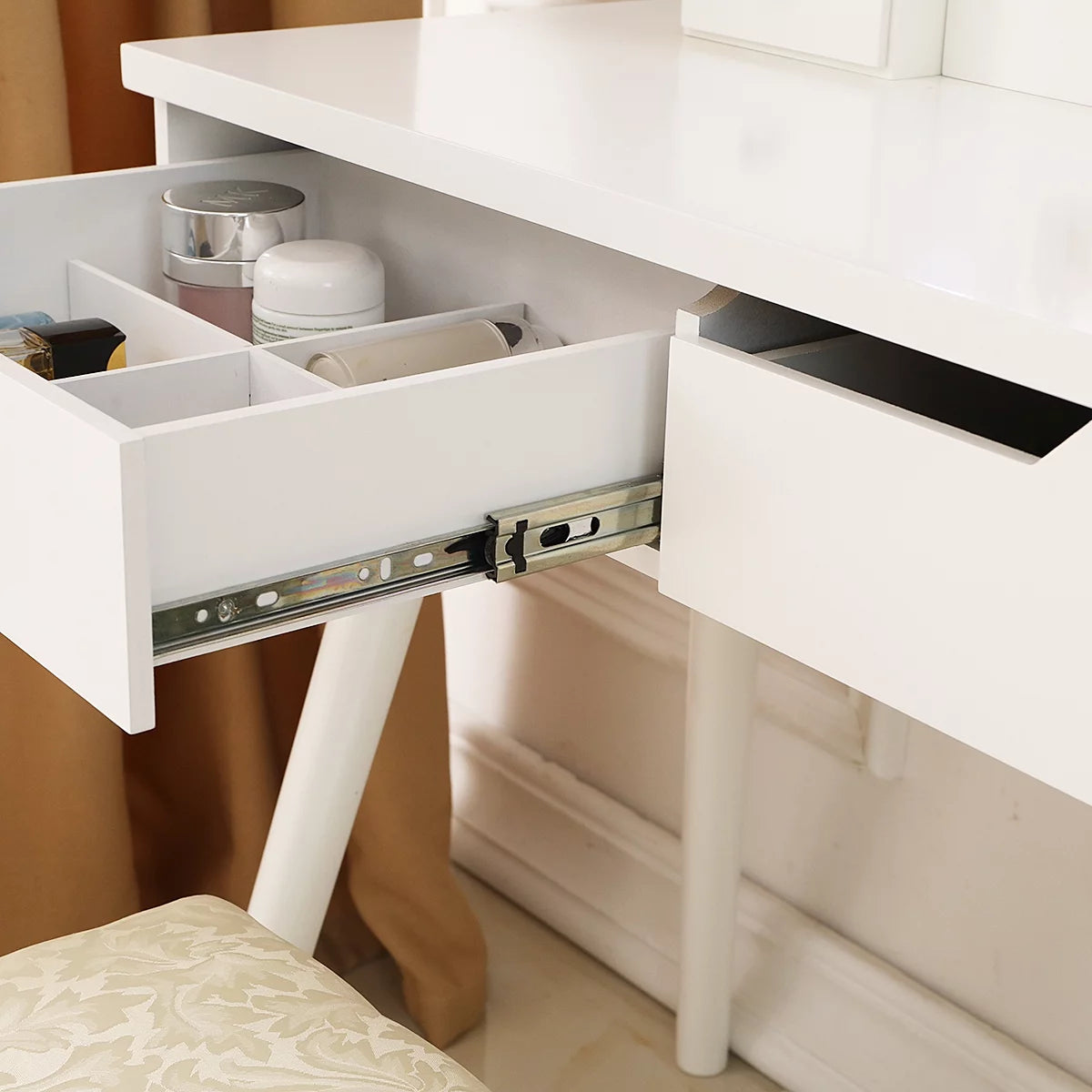 White Wooden Dressing Table with Lighted Mirror and Cushioned Stool M233