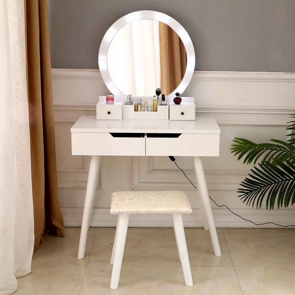 White Wooden Dressing Table with Lighted Mirror and Cushioned Stool M233
