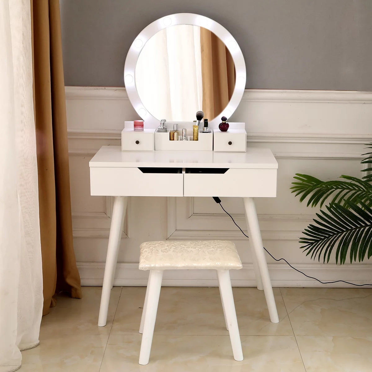 White Wooden Dressing Table with Lighted Mirror and Cushioned Stool M233