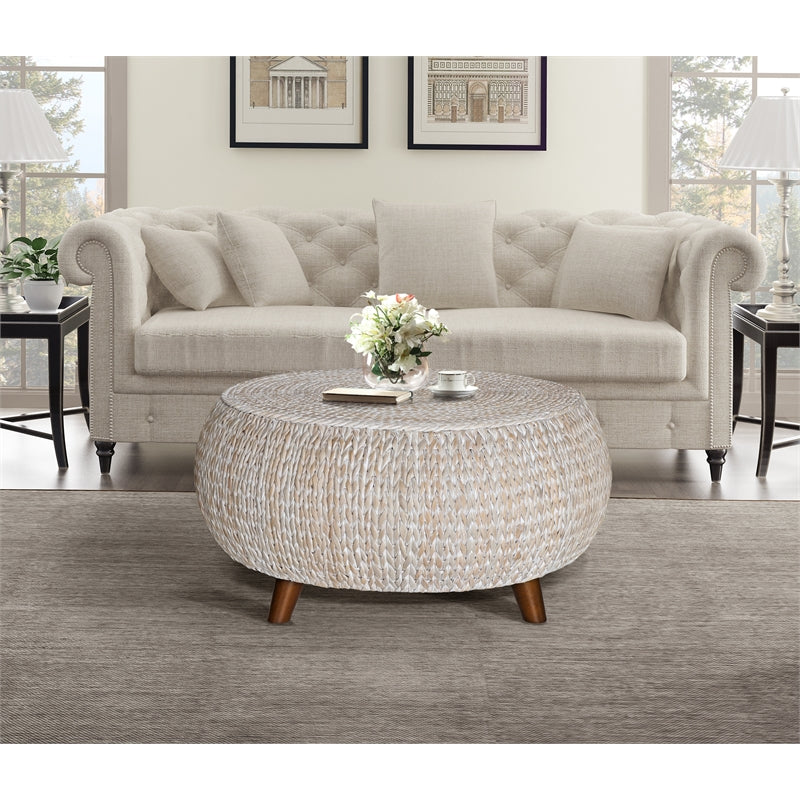 Low Round Wood Accent Table in Whitewashed C71067